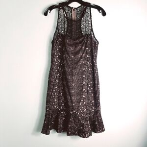 Adrianna Papell Black Tan Overlay Party Racerback Dress